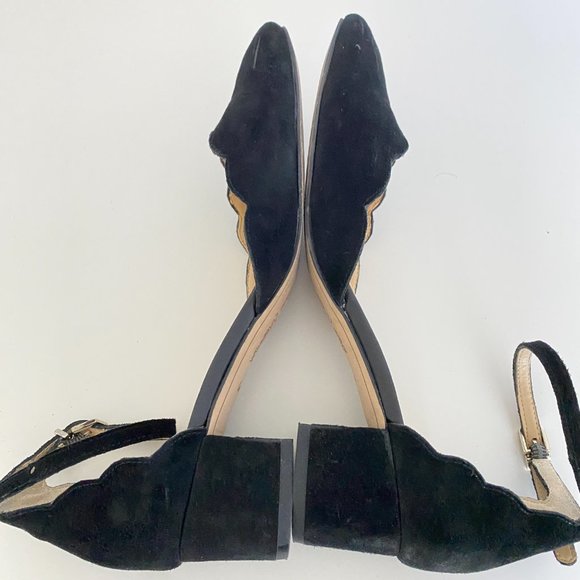 Sam Edelman Black Suede Ankle Strap Heels Scalloped Trim Size 6.5 - Picture 4 of 7